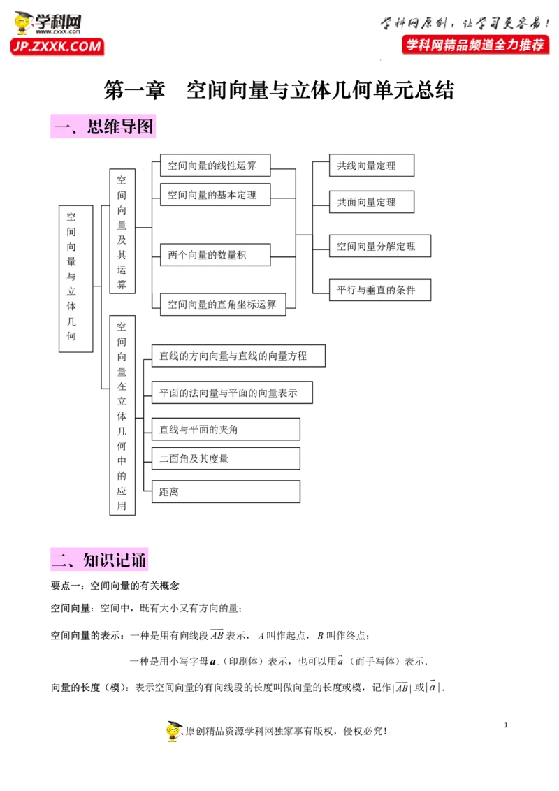 第一章空间向量与立体几何知识总结（思维导图+知识记诵打印版）_2.2025数学总复习_2023年新高考资料_备战2023年高考数学抢分秘籍（新高考专用）