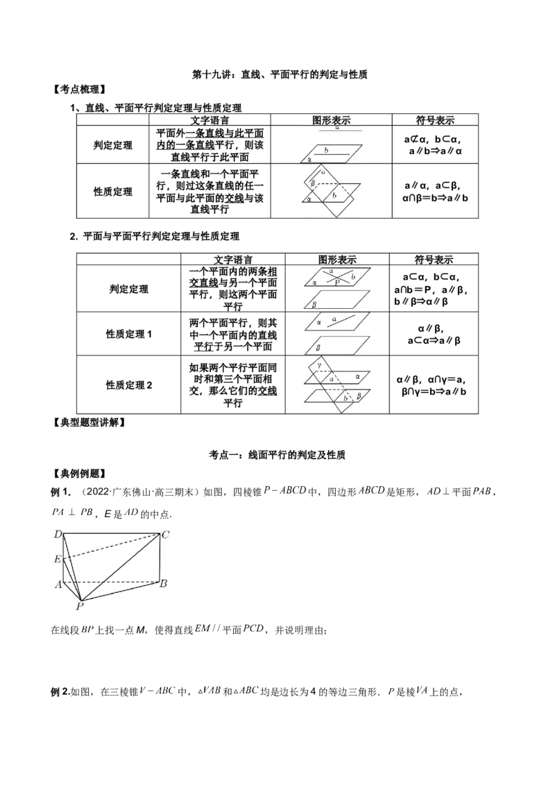 第十九直线、平面平行的判定与性质原卷版_2.2025数学总复习_2023年新高考资料_二轮复习_2023年高考数学考点二轮复习讲义（新高考专用）