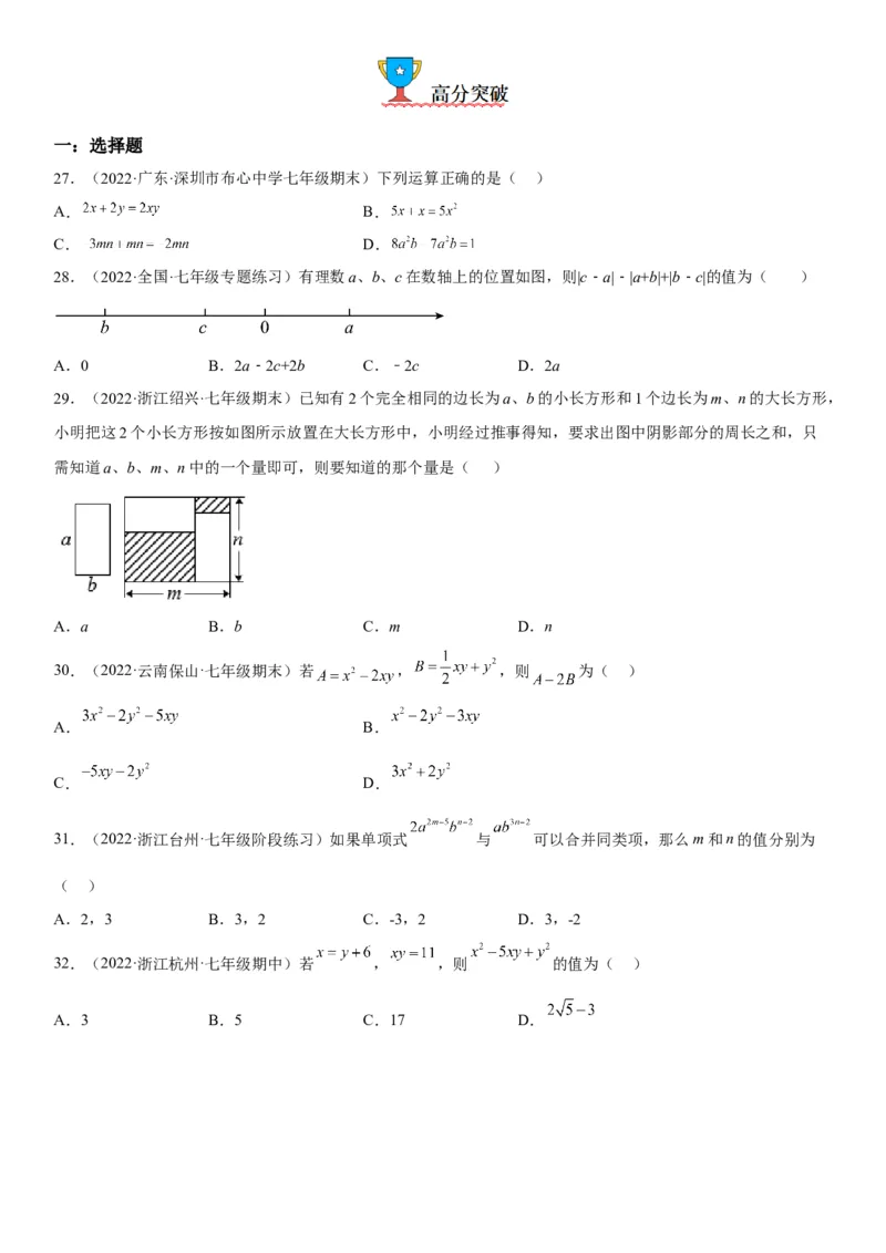 2.2整式的加减-2022-2023学年七年级数学上册《考点&bull;题型&bull;技巧》精讲与精练高分突破（人教版）_初中数学人教版_7上-初中数学人教版_7上-初中数学人教版（旧版）赠送_07专项讲练