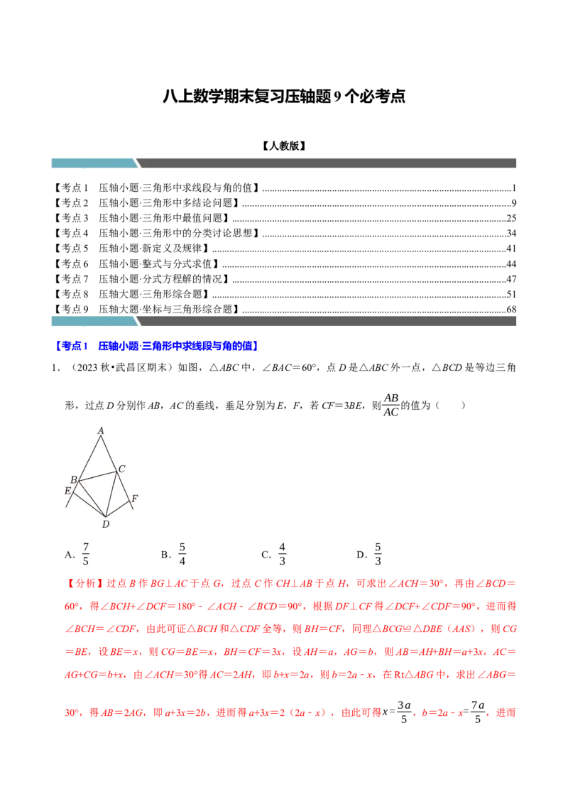 八年级数学上册期末复习压轴题9个必考点（必考点分类集训）（人教版）（教师版）_初中数学_八年级数学上册（人教版）_考点分类必刷题-U181