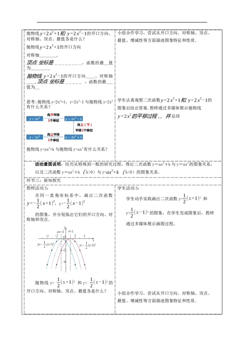 22.1.3二次函数y=a〖(x-h)〗^2+k的图象与性质_初中数学人教版_9上-初中数学人教版_01课件+教案（配套）_课件+教案大单元教学_教案
