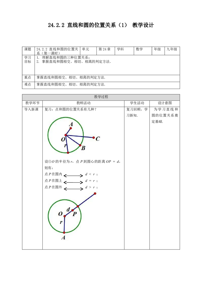 24.2.2直线和圆的位置关系（1）教案_初中数学人教版_9上-初中数学人教版_01课件+教案（配套）_课件+教案第二套_24.2.2直线和圆的位置关系（第一课时）课件（共20张PPT）+教案