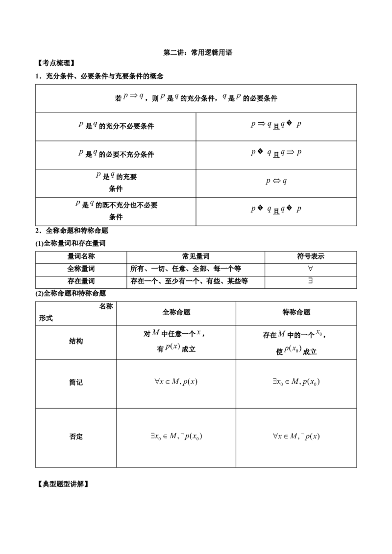 第二讲常用逻辑用语讲义原卷板_2.2025数学总复习_2023年新高考资料_二轮复习_2023届高考数学二轮复习讲义（含解析）_2023届高考数学二轮复习讲义&mdash;&mdash;第二讲常用逻辑用语讲义（含解析）