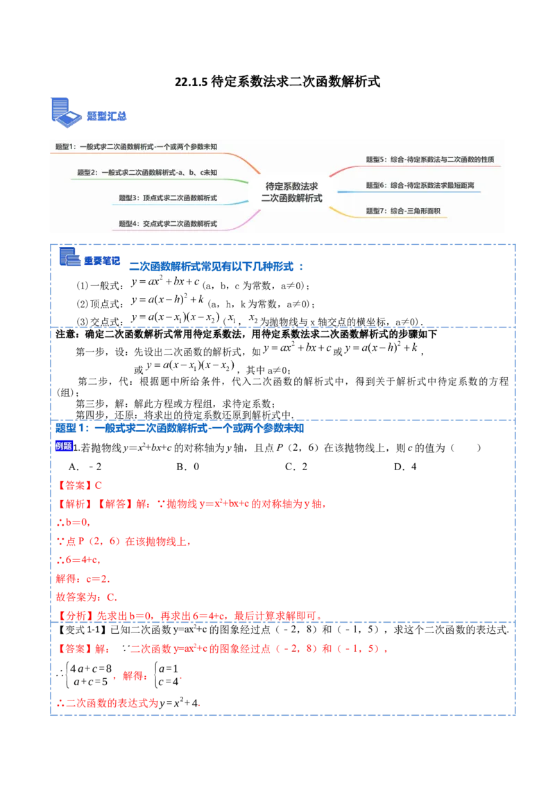 22.1.5待定系数法求二次函数解析式(讲+练)7种题型-2023考点题型精讲（解析版）_初中数学人教版_9上-初中数学人教版_07专项讲练