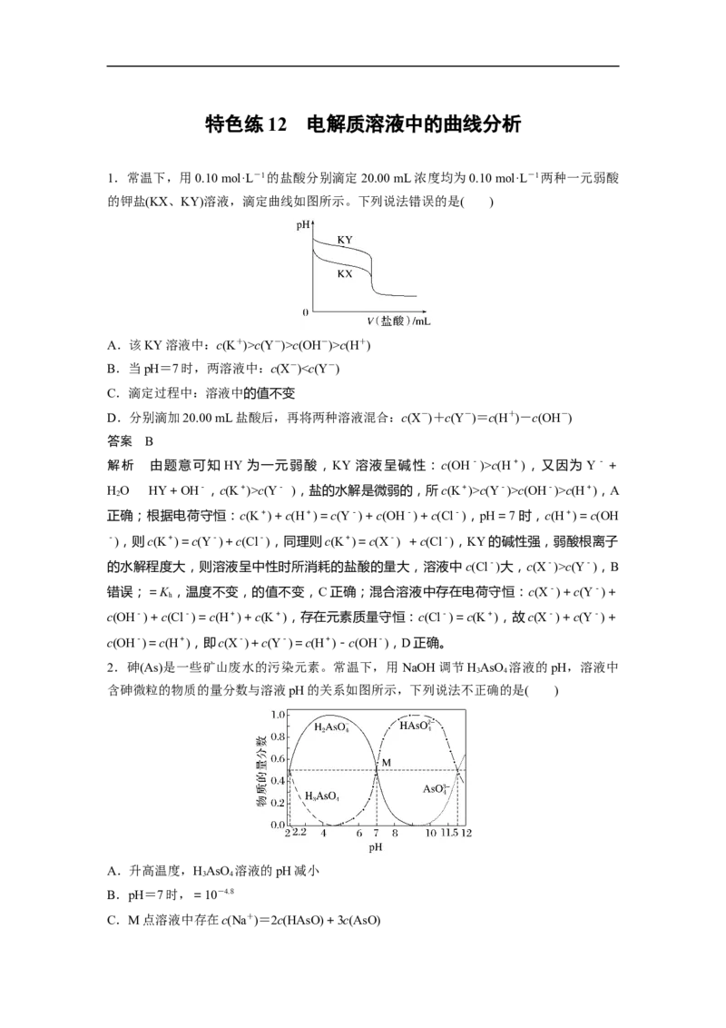 2023年高考化学二轮复习（新高考版）第3部分考前特训特色练12　电解质溶液中的曲线分析_05高考化学_新高考复习资料_2023年新高考资料_二轮复习