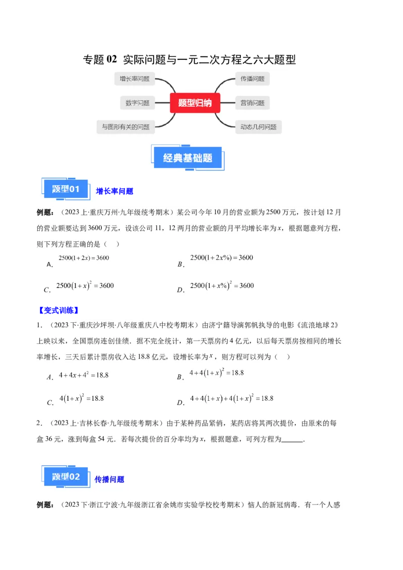 专题02实际问题与一元二次方程之六大题型（原卷版）_初中数学人教版_9上-初中数学人教版_06习题试卷_7期中期末复习专题