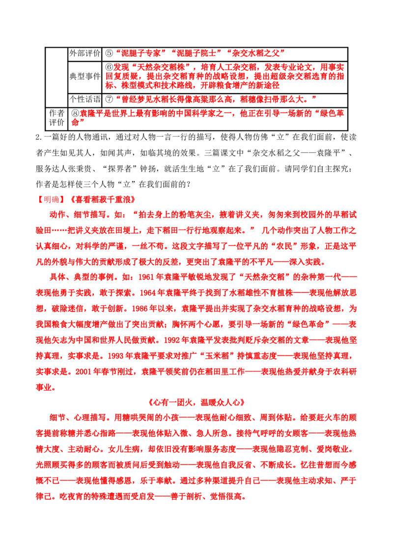 第4课《喜看稻菽千重浪》《心有一团火，温暖众人心》《&ldquo;探界者&rdquo;钟杨》（教师版）-2023年高一语文同步精品讲义（必修上册）_高语_1高中语文同步精品讲义（必修上册）