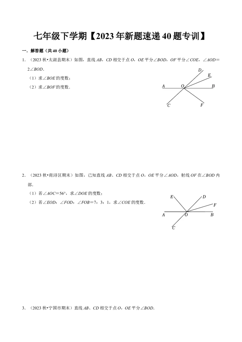 七年级下册期中&mdash;2023年解答题新题速递40题专训（第五、六、七章）（人教版）（原卷版）_初中数学人教版_7下-初中数学人教版_7下-初中数学人教版（旧版）赠送_06习题试卷