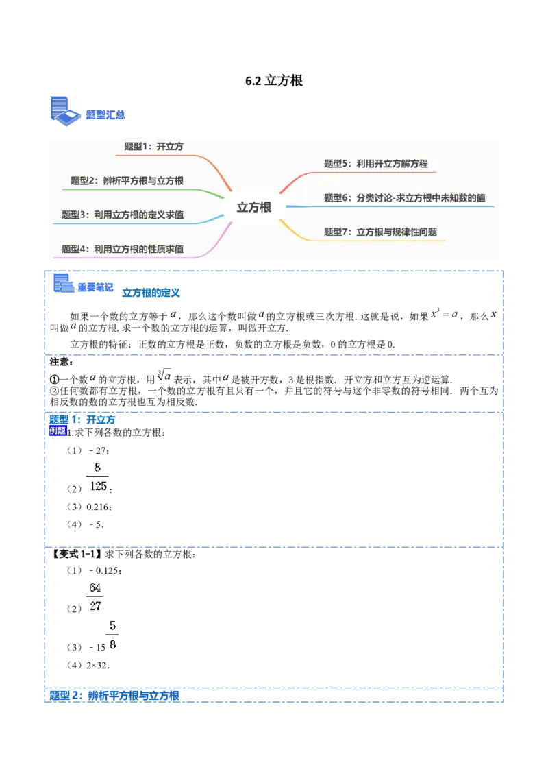 6.2立方根（原卷版）_初中数学人教版_7下-初中数学人教版_7下-初中数学人教版（旧版）赠送_07专项讲练_重要笔记2022-2023学年七年级数学下册重要考点精讲精练（人教版）