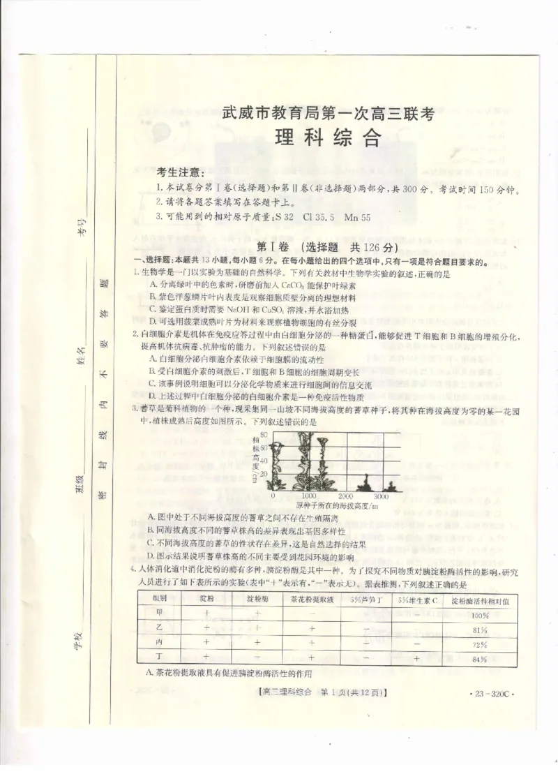 2023届甘肃省武威市高三第一次联考理综试题公众号：一枚试卷君_05高考化学_高考模拟题_新高考_2023甘肃省武威市高三第一次联考（金太阳320C）理综