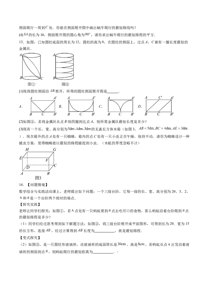专题02利用勾股定理求最短路径问题（4大题型）（专项训练）（原卷版）_初中数学人教版_八年级数学下册_保存转存之后查看(1)_2026春季新版-持续更新中_第二套-知_06试题_专项训练