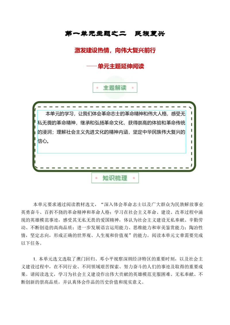 第一单元主题之二：民族复兴（激发建设热情，向伟大复兴前行）（统编版）（学生版）_高语_高中语文_选择性必修上册_单元阅读