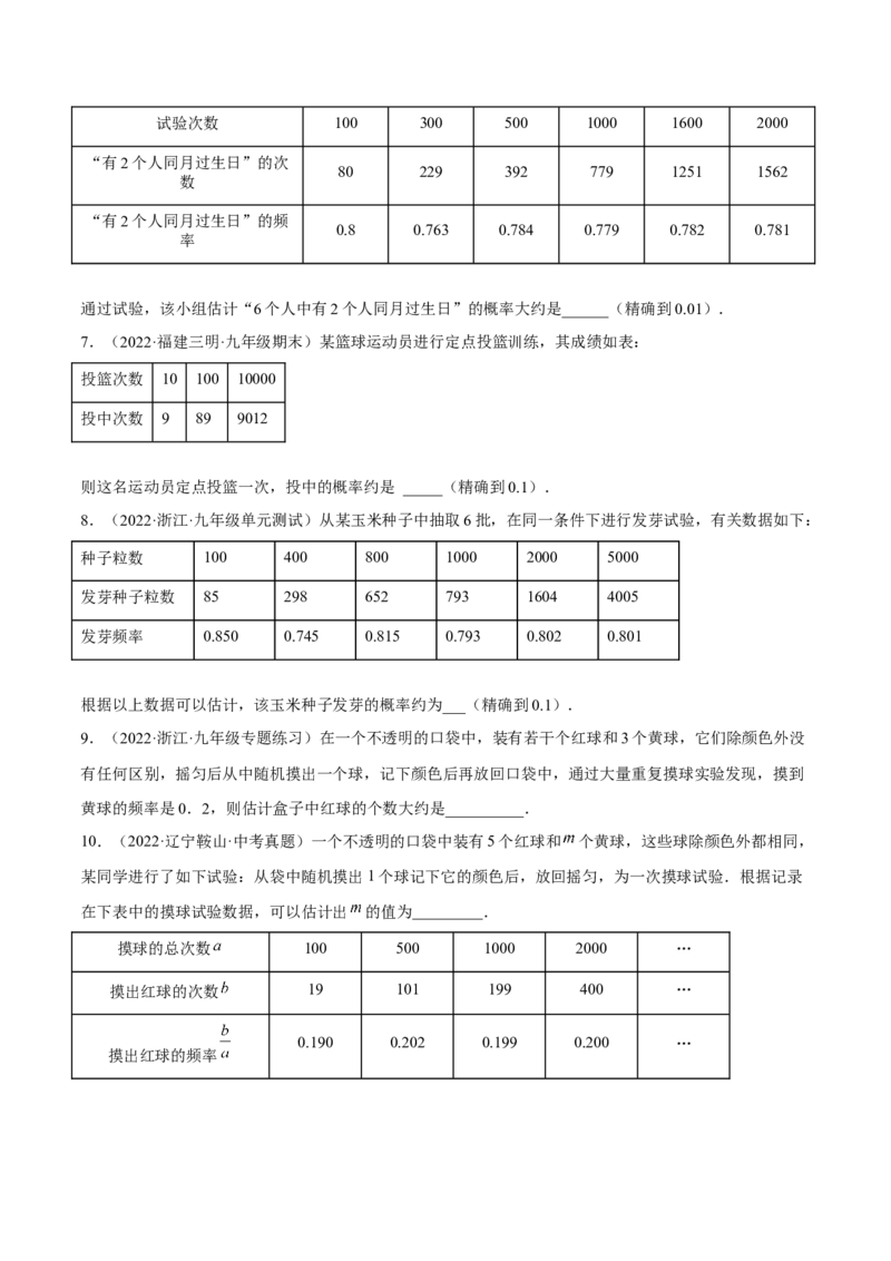 25.3用频率估计概率（原卷版）_初中数学人教版_9上-初中数学人教版_07专项讲练_九年级数学上册章节同步实验班培优题型变式训练（人教版）