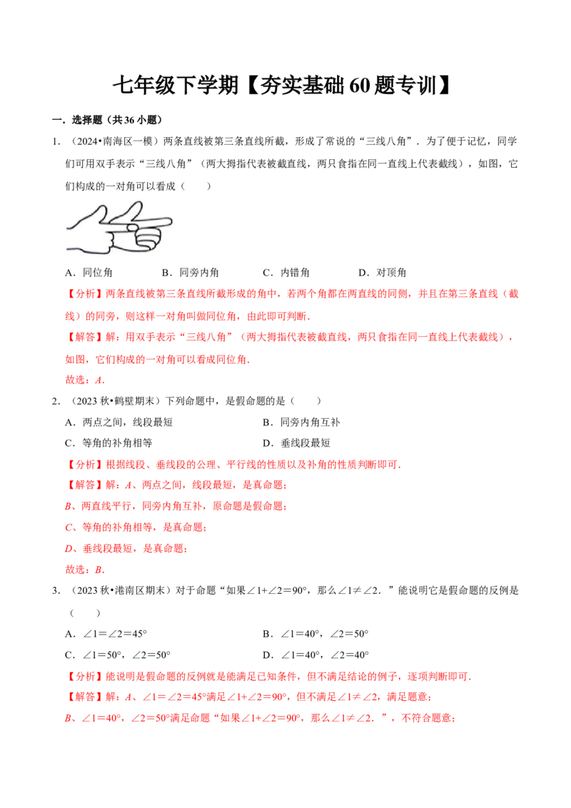 七年级下册期中&mdash;夯实基础60题必刷题专训（第五、六、七章）（人教版）（解析版）_初中数学人教版_7下-初中数学人教版_7下-初中数学人教版（旧版）赠送_06习题试卷