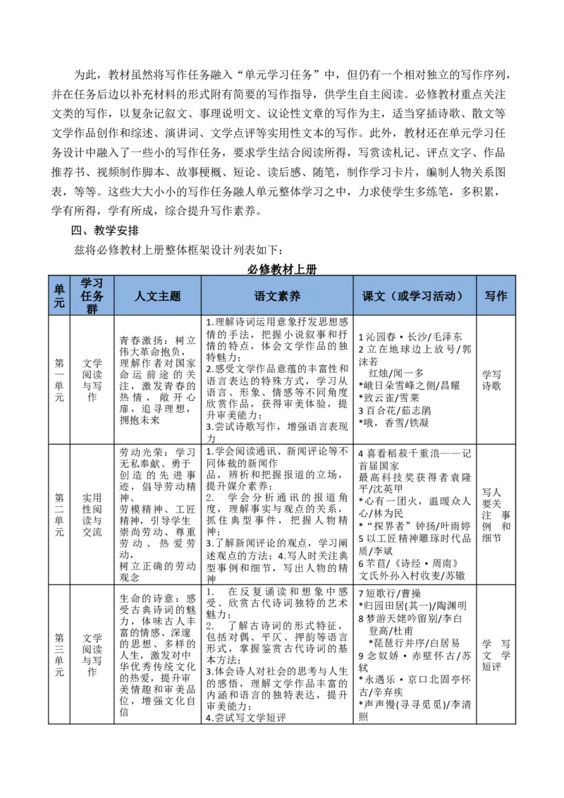 本学期同步作文课的教学计划-（统编版必修上册）_高语_高中语文_必修上册_单元写作
