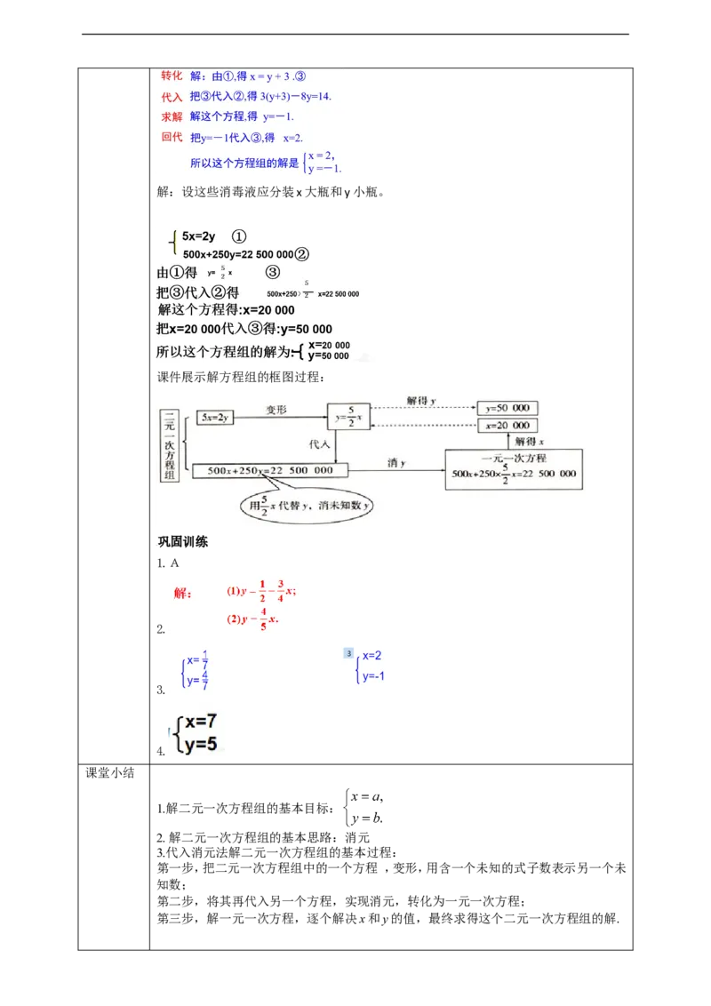 8.2.1代入消元法解二元一次方程组学案_初中数学人教版_7下-初中数学人教版_7下-初中数学人教版（旧版）赠送_01课件+教案（配套）_课件+教案+学案（第2套）