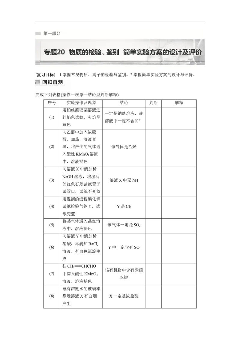 2023年高考化学二轮复习（新高考版）第1部分专题突破专题20　物质的检验、鉴别　简单实验方案的设计及评价_05高考化学_新高考复习资料_2023年新高考资料_二轮复习