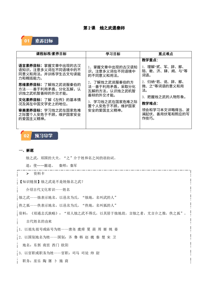 第2课烛之武退秦师（学生版）_高语_高中语文_必修下册_同步讲义