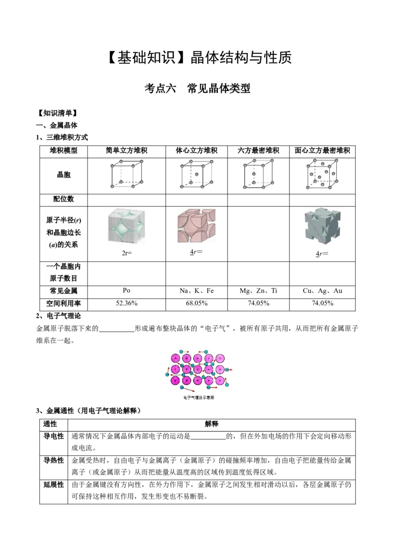 03考点六常见晶体类型（学生版）_05高考化学_2025年新高考资料_一轮复习_2025年高考化学一轮复习基础知识讲义（新高考通用）（完结）_专题四结构与性质