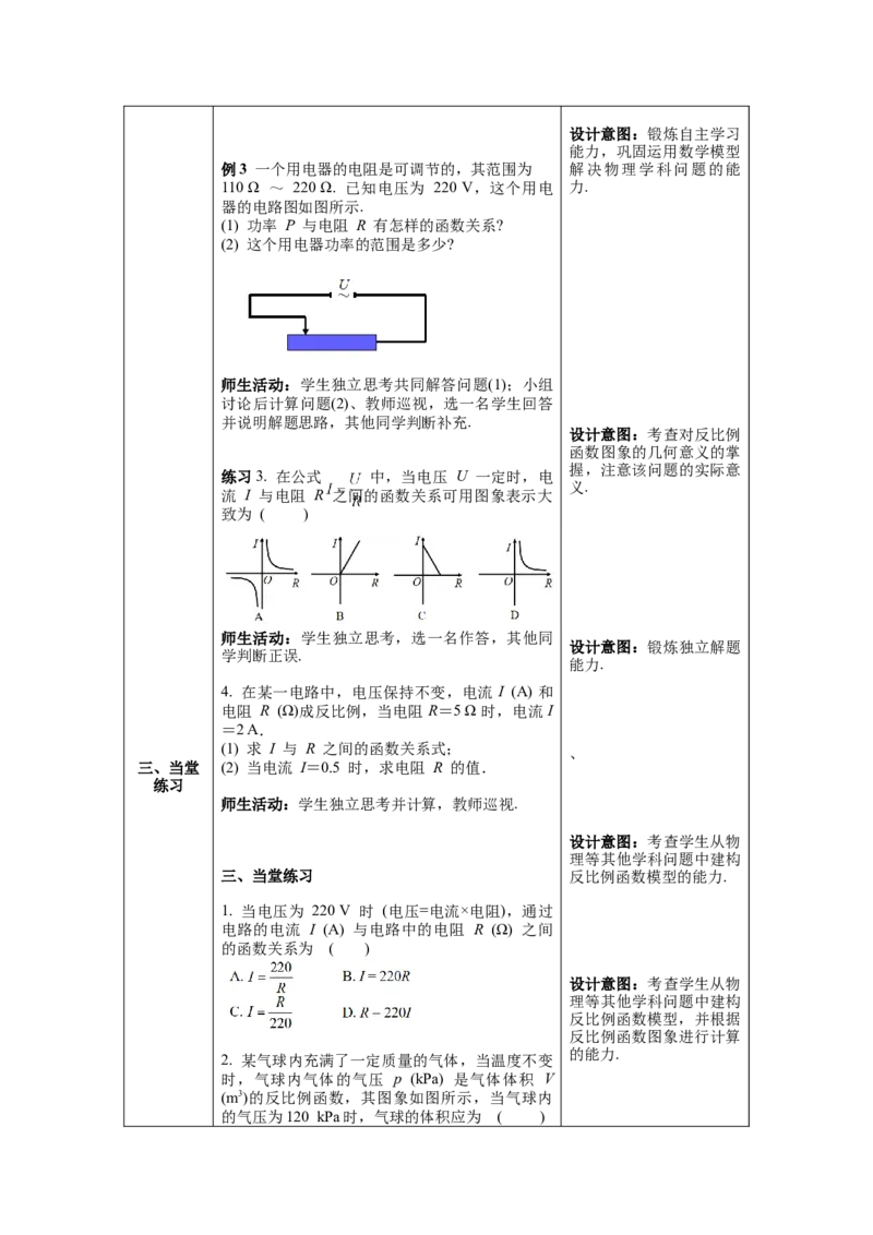 26.2第2课时其它学科中的反比例函数教案（表格式）_初中数学人教版_9下-初中数学人教版_04教案（多套）_教案（第1套）核心素养
