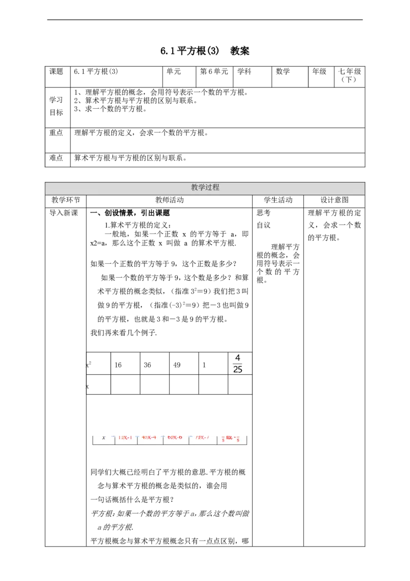 6.1平方根(3)教案_初中数学人教版_7下-初中数学人教版_7下-初中数学人教版（旧版）赠送_01课件+教案（配套）_课件+教案+学案（第2套）_6.1.3平方根课件（共23张PPT）+教案+学案