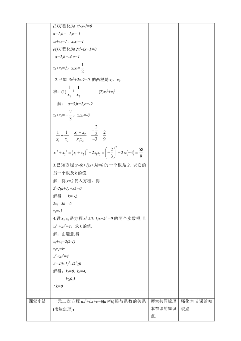 21.2.4一元二次方程的根与系数的关系教案_初中数学人教版_9上-初中数学人教版_01课件+教案（配套）_课件+教案第二套_21.2.4一元二次方程的根与系数的关系课件（共22张PPT）+教案