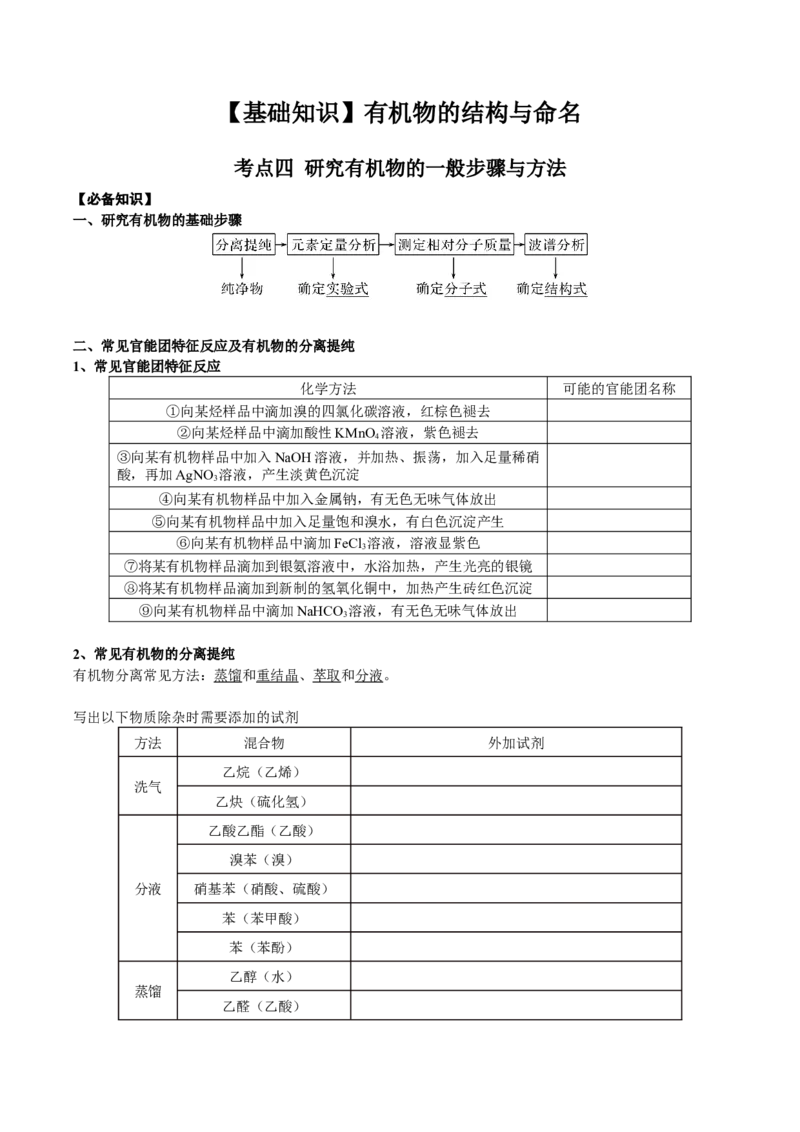 01考点四研究有机物的一般步骤和方法（学生版）_05高考化学_2025年新高考资料_一轮复习_2025年高考化学一轮复习基础知识讲义（新高考通用）（完结）_专题二有机化学