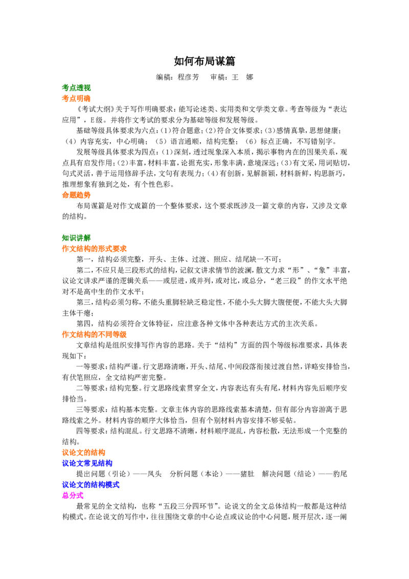 知识讲解_如何布局谋篇_高语_1高中语文_语文北京四中高考冲刺总复习_高考冲刺：语文总复习_如何布局谋篇