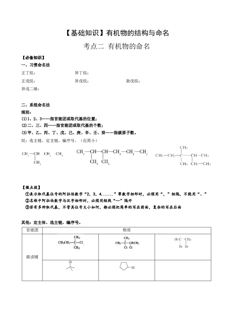 01考点二有机物命名（学生版）_05高考化学_2025年新高考资料_一轮复习_2025年高考化学一轮复习基础知识讲义（新高考通用）（完结）_专题二有机化学