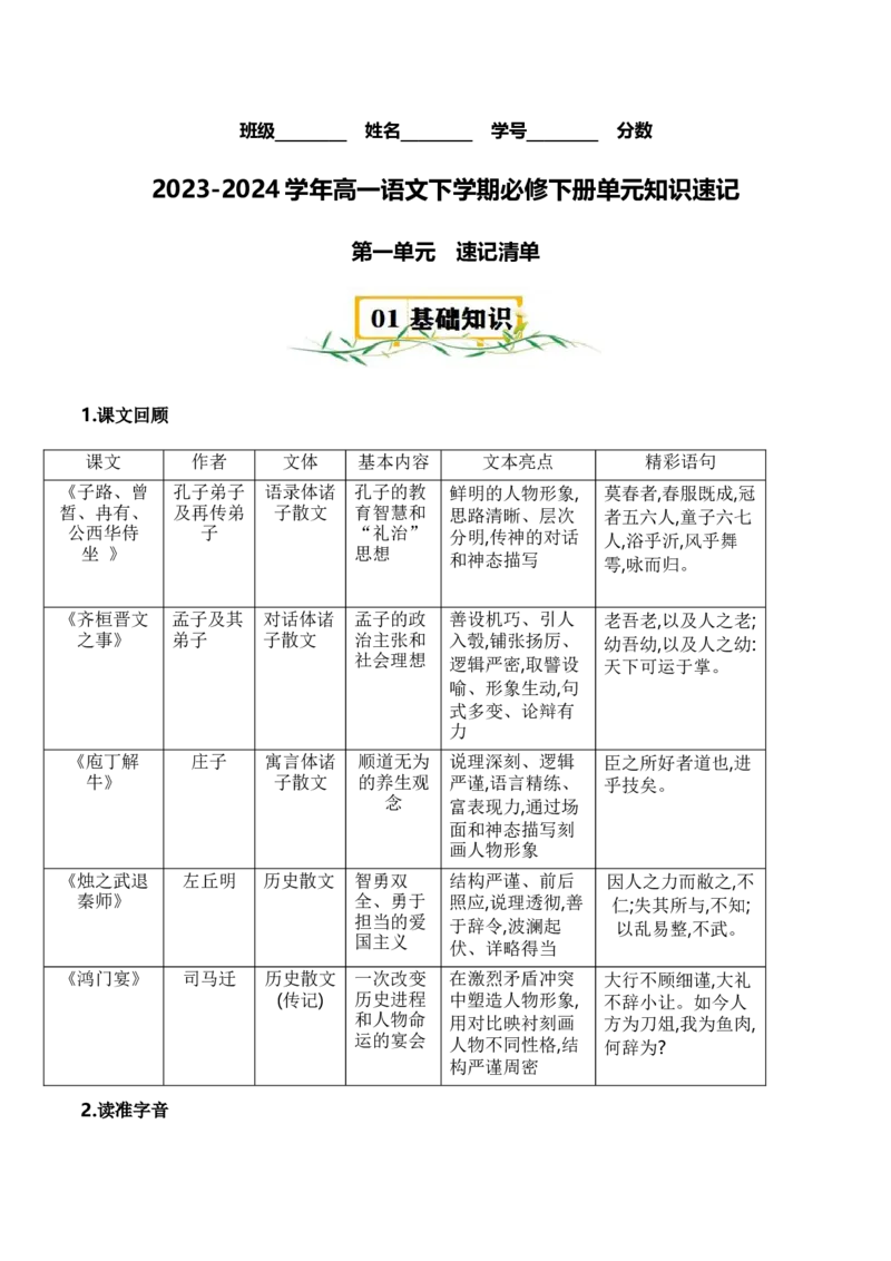 第一单元（知识清单）统编版必修下册）_高语_高中语文_必修下册_知识清单