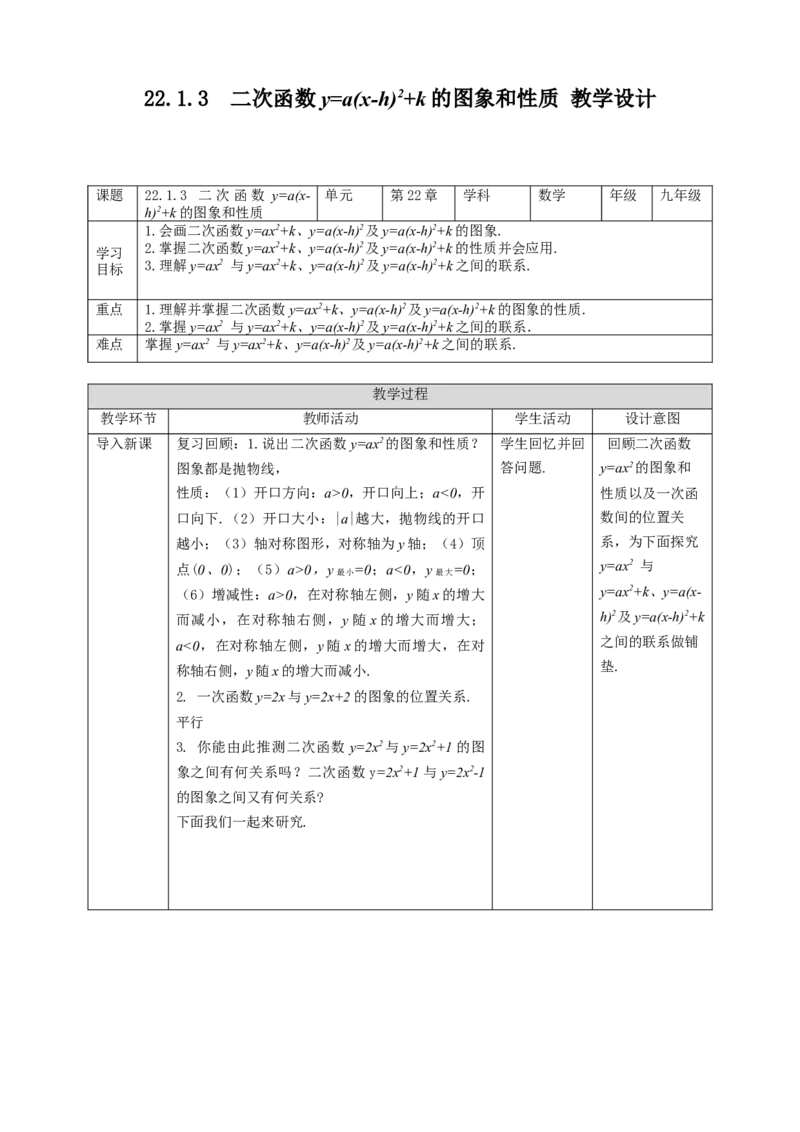 22.1.3二次函数y=a(x-h)2+k的图象和性质教案_初中数学人教版_9上-初中数学人教版_01课件+教案（配套）_课件+教案第二套_22.1.3二次函数y=a(x-h)2+k的图象和性质课件（共46张PPT）+教案