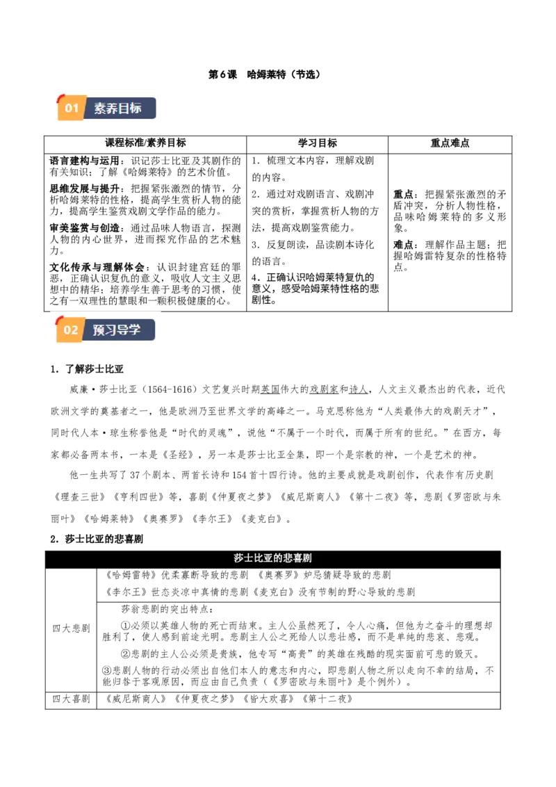 第6课哈姆莱特（节选）（教师版）_高语_高中语文_必修下册_同步讲义