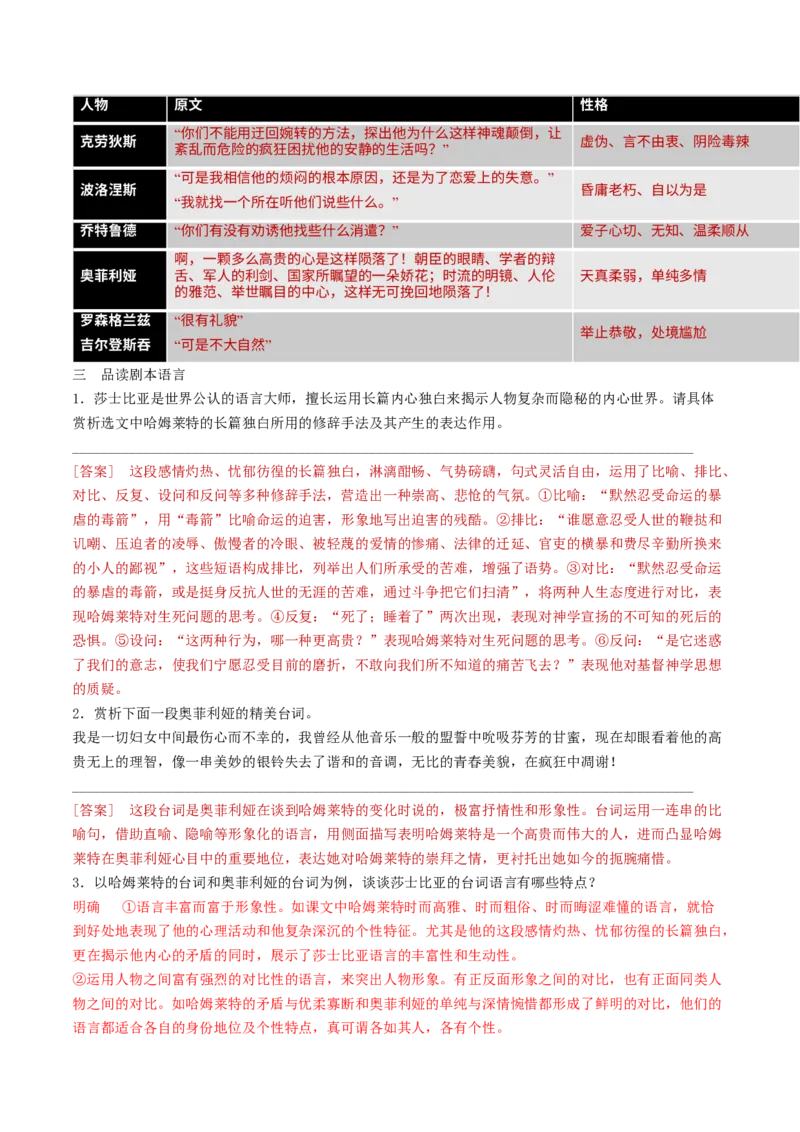 第6课哈姆莱特（节选）（教师版）_高语_高中语文_必修下册_同步讲义