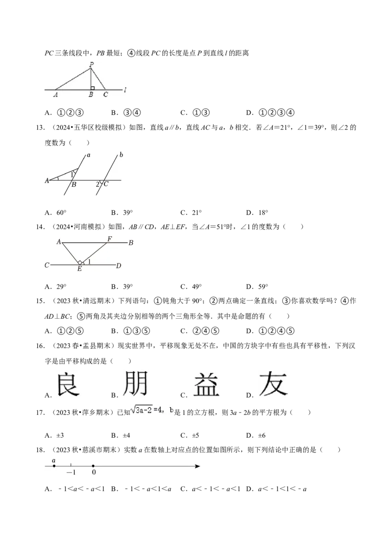 七年级下册期中&mdash;夯实基础60题必刷题专训（第五、六、七章）（人教版）（原卷版）_初中数学人教版_7下-初中数学人教版_7下-初中数学人教版（旧版）赠送_06习题试卷