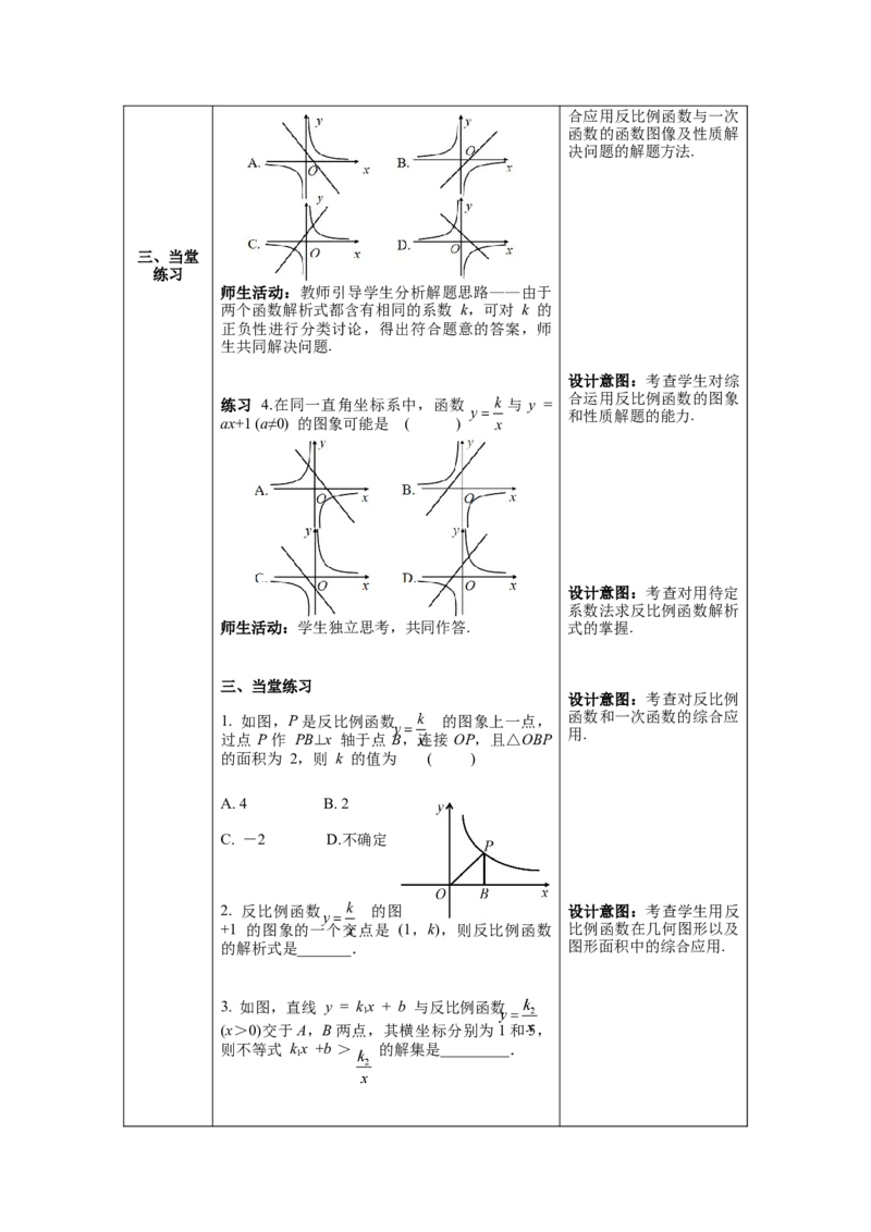 26.1.2第2课时反比例函数的图象和性质的综合运用教案（表格式）_初中数学人教版_9下-初中数学人教版_04教案（多套）_教案（第1套）核心素养