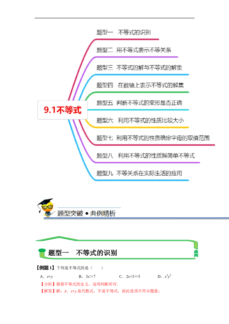 9.1不等式（解析版）_初中数学人教版_7下-初中数学人教版_7下-初中数学人教版（旧版）赠送_07专项讲练_题型&middot;技巧培优系列2022-2023学年七年级数学下册同步精讲精练(人教版)