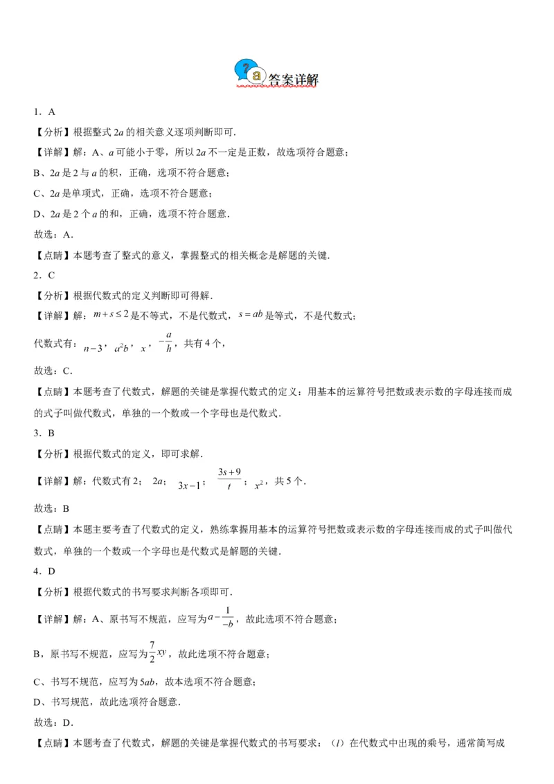 2.1整式-2022-2023学年七年级数学上册《考点&bull;题型&bull;技巧》精讲与精练高分突破（人教版）_初中数学人教版_7上-初中数学人教版_7上-初中数学人教版（旧版）赠送_07专项讲练
