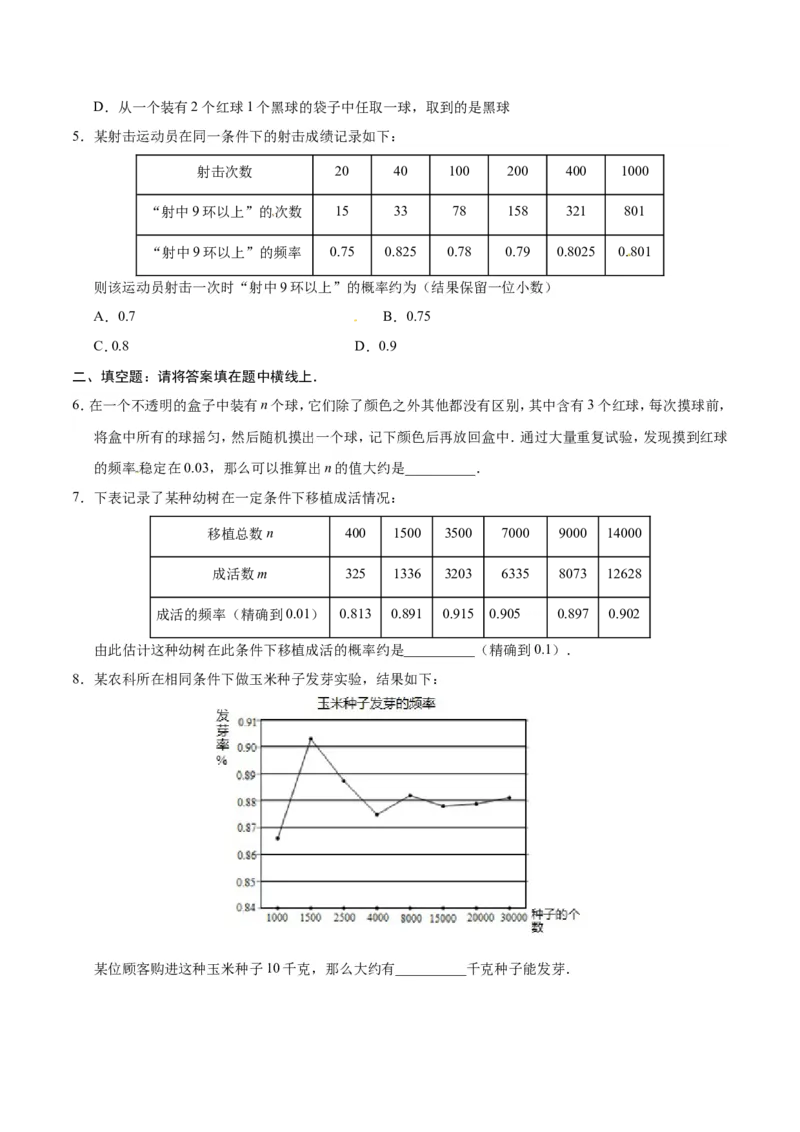 25.3用频率估计概率-九年级数学人教版（上）（原卷版）_初中数学人教版_9上-初中数学人教版_06习题试卷_1同步练习_同步练习（第1套）
