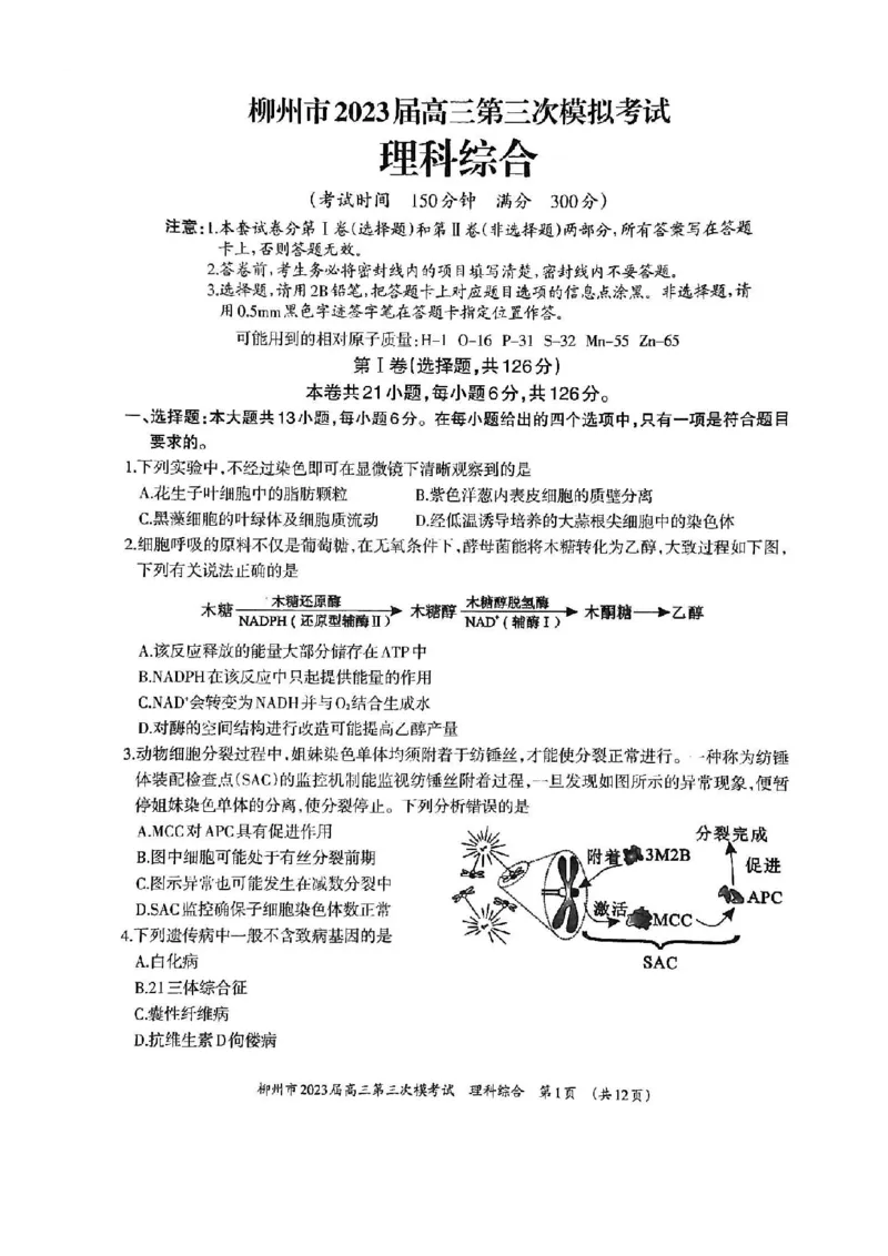 2023届广西壮族自治区柳州市高三第三次模拟考试理综公众号：一枚试卷君_05高考化学_高考模拟题_新高考_2023届广西柳州市高三第三次模拟考试理综