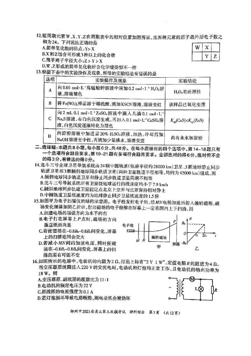2023届广西壮族自治区柳州市高三第三次模拟考试理综公众号：一枚试卷君_05高考化学_高考模拟题_新高考_2023届广西柳州市高三第三次模拟考试理综