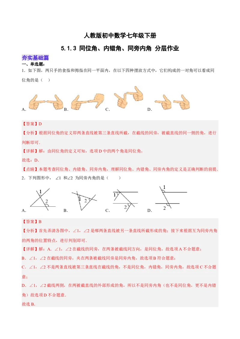 5.1.3同位角、内错角、同旁内角（分层作业）（解析版）_初中数学人教版_7下-初中数学人教版_7下-初中数学人教版（旧版）赠送_06习题试卷_1同步练习_同步练习（第2套）
