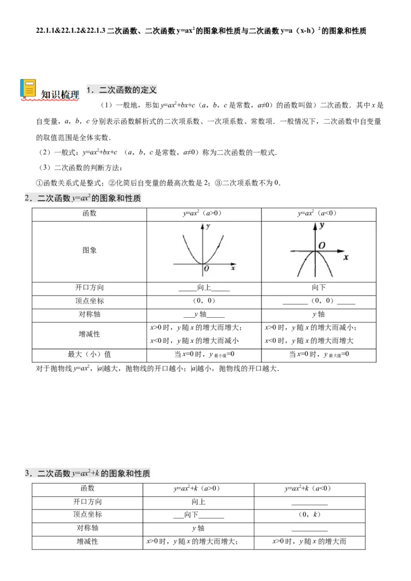 22.1.1-22.1.3二次函数、二次函数y=ax2的图象和性质与二次函数y=a（x-h）2的图象和性质-2022-2023学年九年级数学上册《考点&bull;题型&bull;技巧》精讲与精练高分突破（人教版）_初中数学人教版