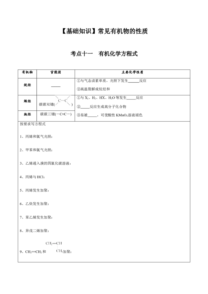 02考点十一有机反应方式式基础训练（学生版）_05高考化学_2025年新高考资料_一轮复习_2025年高考化学一轮复习基础知识讲义（新高考通用）（完结）_专题二有机化学