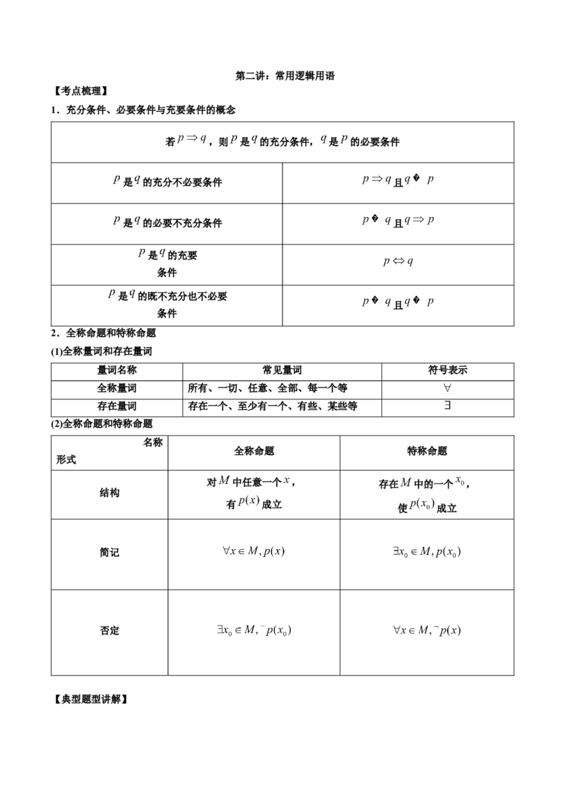 第二讲常用逻辑用语讲义原卷板_2.2025数学总复习_2023年新高考资料_二轮复习_2023年高考数学考点二轮复习讲义（新高考专用）