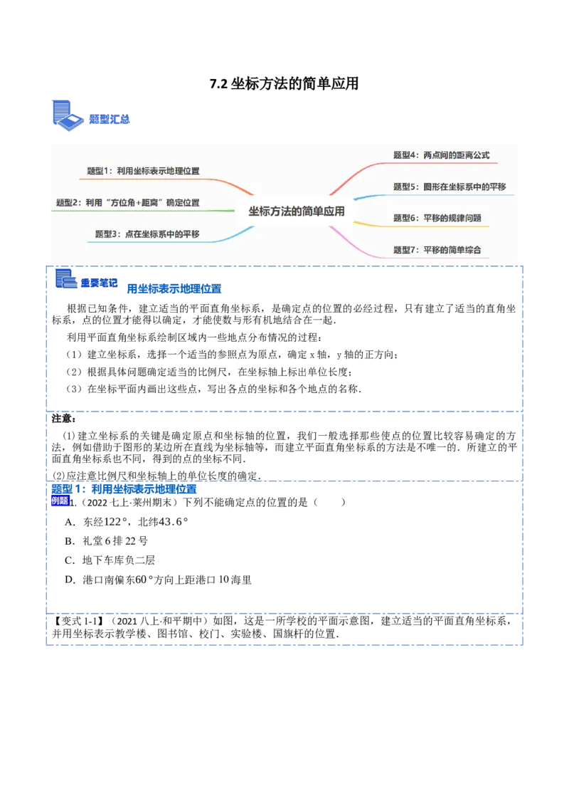 7.2坐标方法的简单应用（原卷版）_初中数学人教版_7下-初中数学人教版_7下-初中数学人教版（旧版）赠送_07专项讲练_重要笔记2022-2023学年七年级数学下册重要考点精讲精练（人教版）
