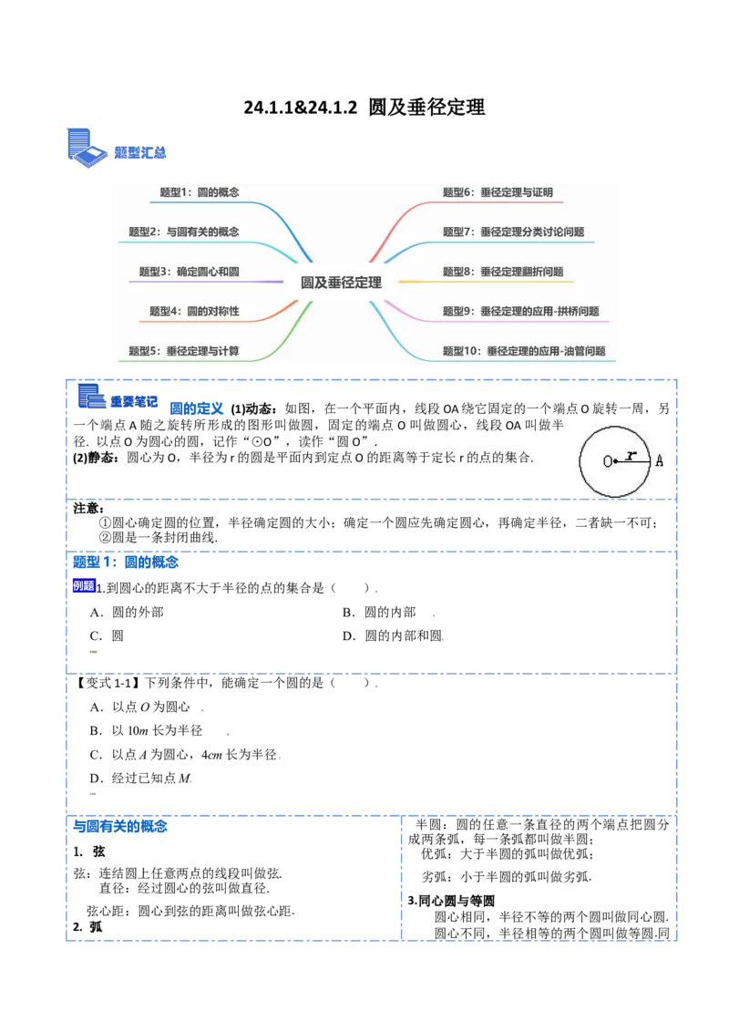 24.1.1&24.1.2圆及垂径定理（10大题型）-2023考点题型精讲（原卷版）_初中数学人教版_9上-初中数学人教版_07专项讲练_重要笔记九年级数学上册重要考点精讲精练(人教版)