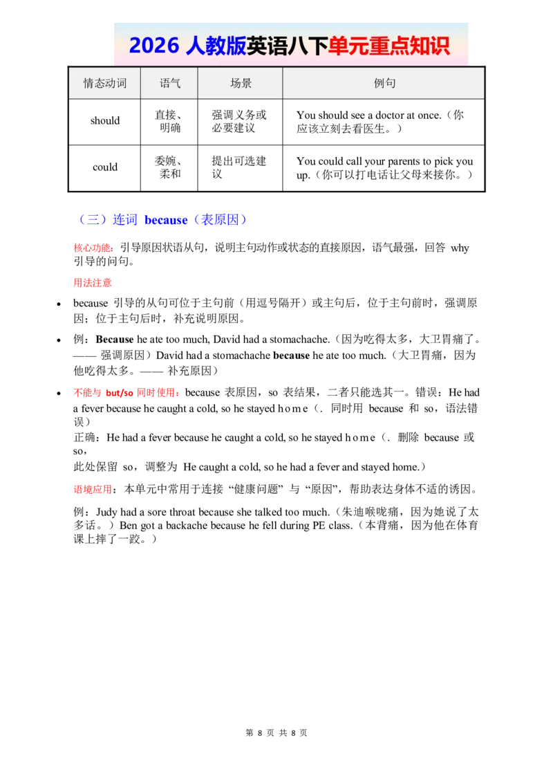 2026春人教版英语八下单元重点知识Unit2_2026春新人教版八下_14单元重点知识讲解U1-U4