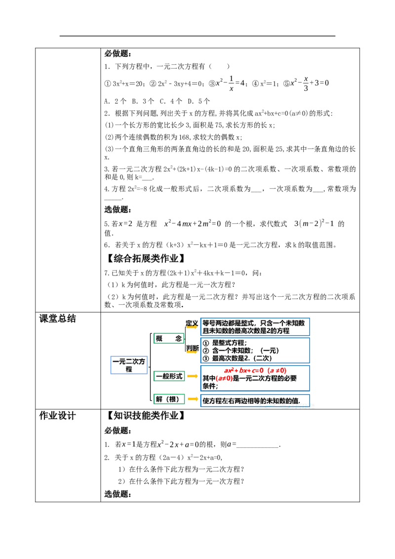 21.1一元二次方程分课时教案_初中数学人教版_9上-初中数学人教版_01课件+教案（配套）_课件+教案大单元教学_教案