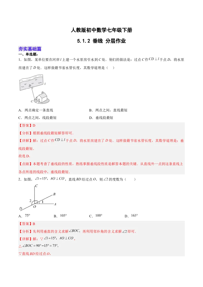 5.1.2垂线（分层作业）（解析版）_初中数学人教版_7下-初中数学人教版_7下-初中数学人教版（旧版）赠送_06习题试卷_1同步练习_同步练习（第2套）