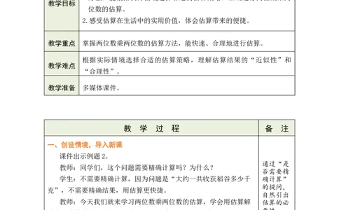 第2课时两位数乘两位数的估算_A151三年级下册数学（苏教版）_2026春新版_第二套_03教案（第二套）齐全_第3单元两位数乘两位数（教案）